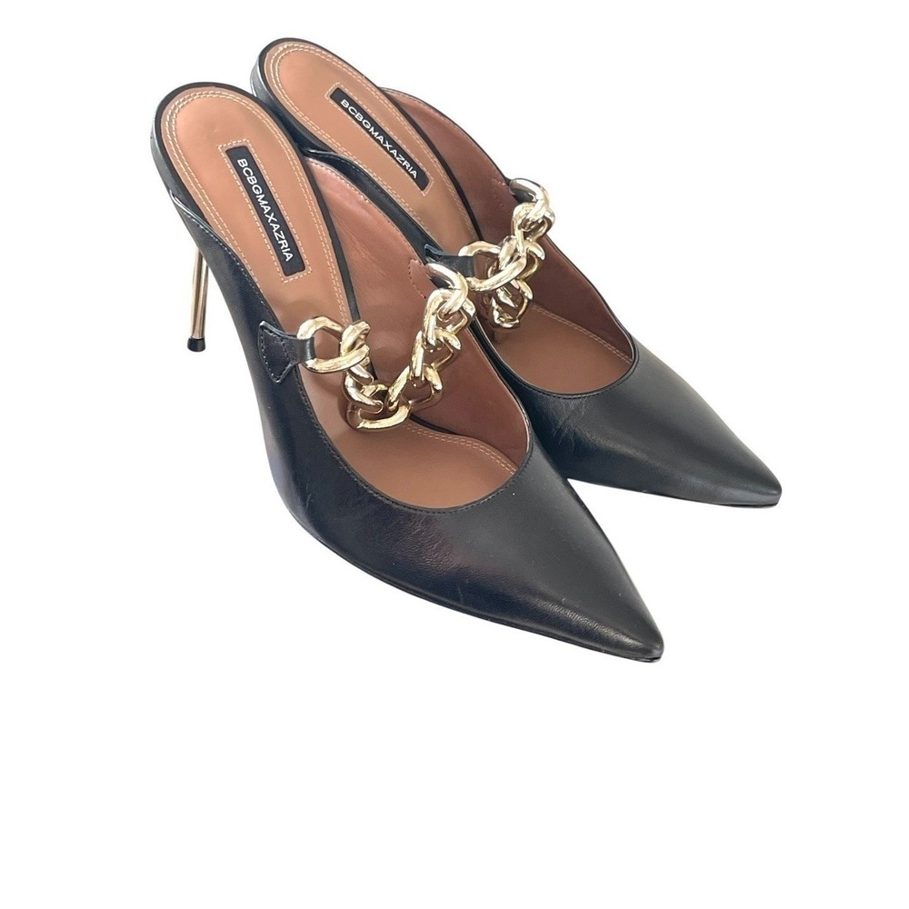 BCBGMAXAZRIA Chain Mule Pumps Womens‎ 7.5 Black Good Gold Stiletto Pointed Toe